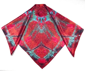 Red Aqua satin silk scarf accessory fashion couture designer elegant style wearable art square 